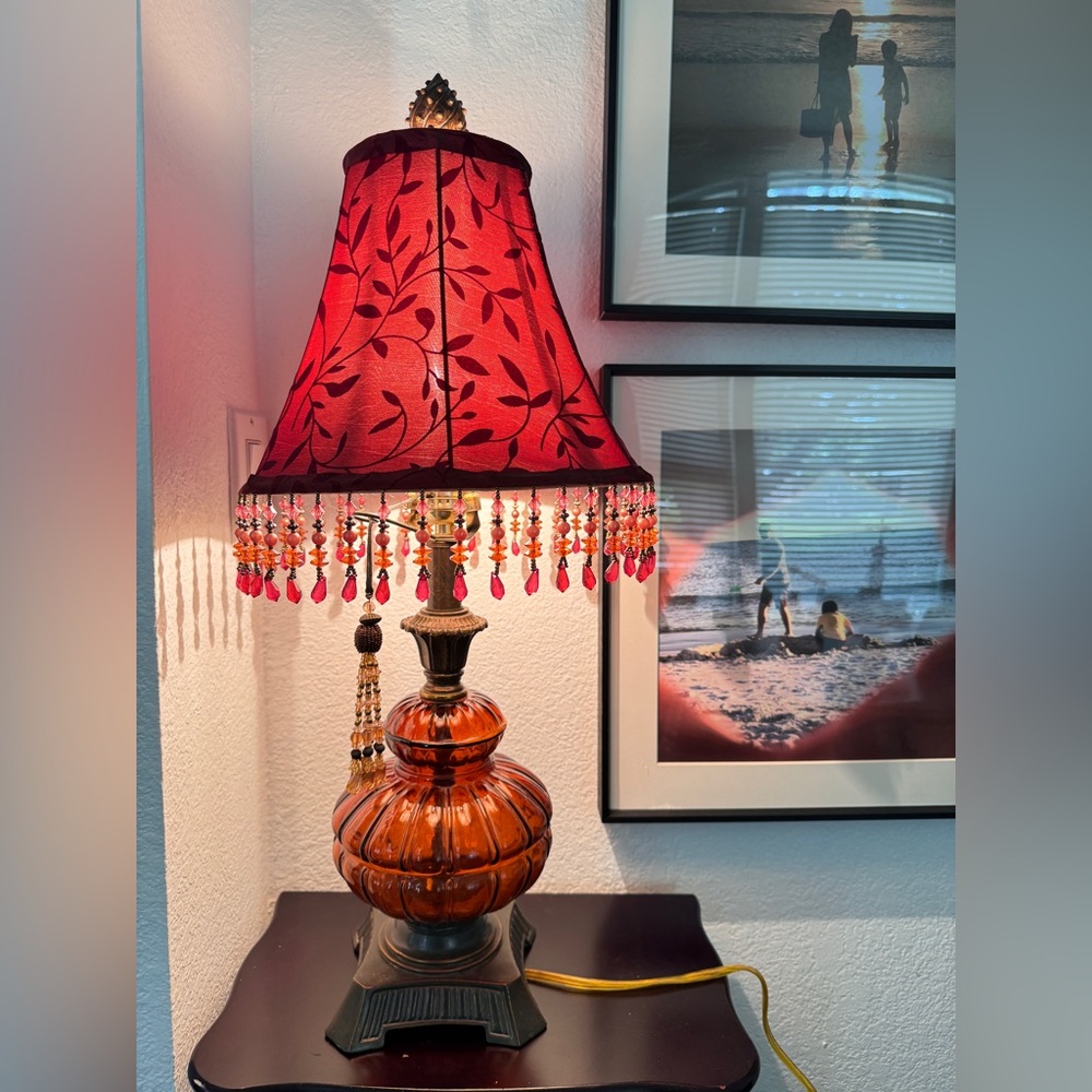 Vintage Mid-Century Modern Amber Glass Brass Hollywood Regency Lamp